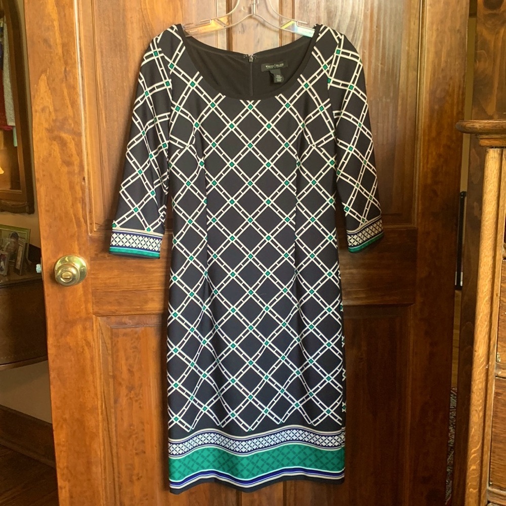 White House Black Market Black White and Green Geometric Midi Dress